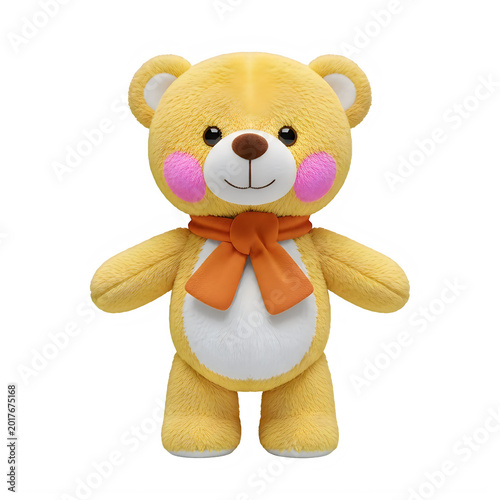 A cute yellow teddy bear with a brown nose and an orange bow around neck standing