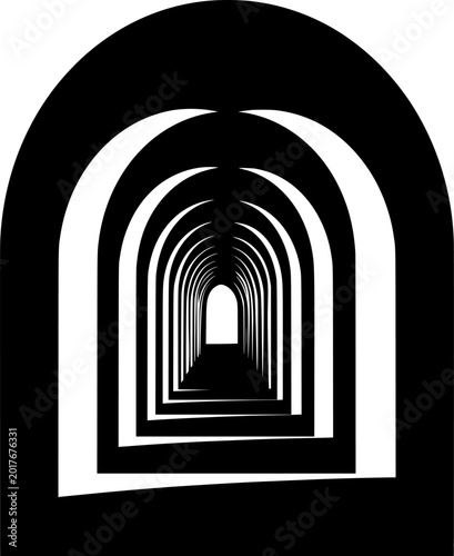 Archway Passage: An artistic perspective of repeating archways draws the eye down a linear passage, creating a sense of depth and mystery. A symbol of transformation and possibilities.