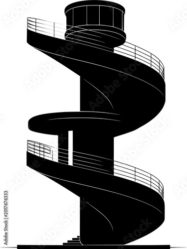 Spiral Staircase Silhouette: A striking silhouette of a modern, spiraling staircase, ascending towards an observation deck, its sleek design and repeating pattern.
