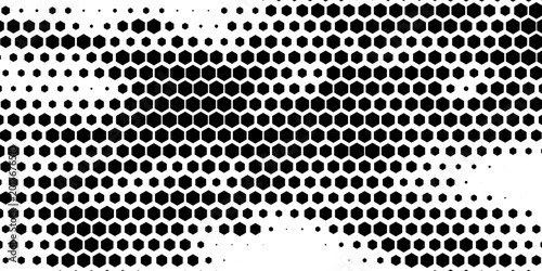 Hexagon halftone gradient texture. Abstract black grunge background.