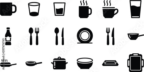 Schilderij op canvas Kitchen utensil dinnerware icons set for food drink preparation design