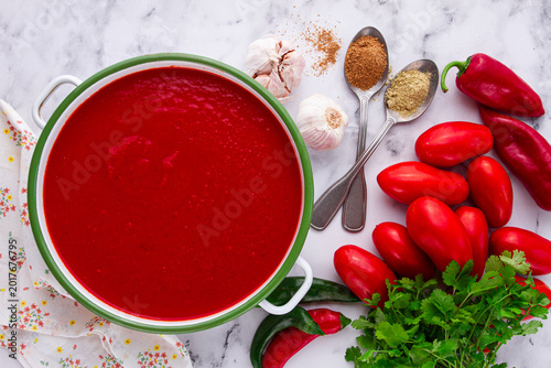 Obraz na plátně Georgian Satsebeli sauce, made from tomatoes and sweet peppers, with spices, hom