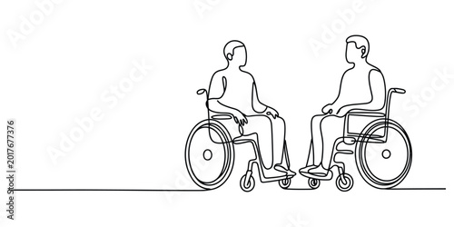 Two men in wheelchairs talking to each other continuous line drawing Vector, illustration