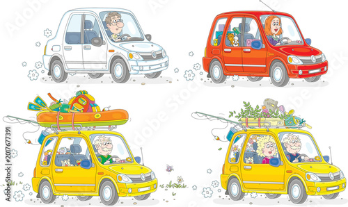 Cartoony cars with funny drivers, a set of vector cartoon illustrations isolated on a white background