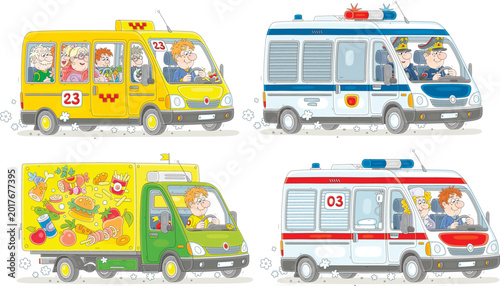 Set of special vehicles with an ambulance car, a police car, a food truck and a small bus, a set of vector cartoon illustrations
