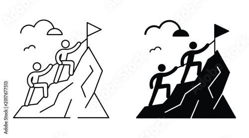 Foto Team climbing mountain to flag icon set representing success and challenge, grou