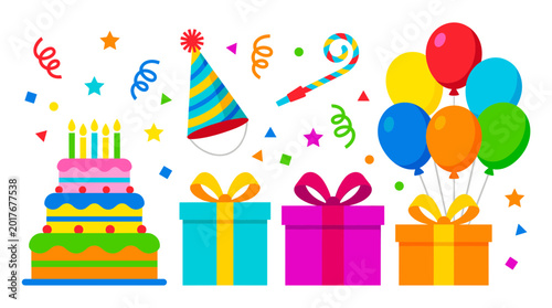 Colorful Birthday Celebration Vector Set with Cake Balloons Gift Boxes Party Hat and Festive Decoration Elements