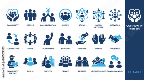 Tableau sur toile Community and social connection icon set featuring collaboration, volunteer work, charity, unity, public society, neighborhood, and collective support symbols for social networking
