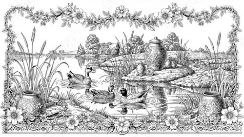 Quadro su tela Ducks swimming in the pond water.