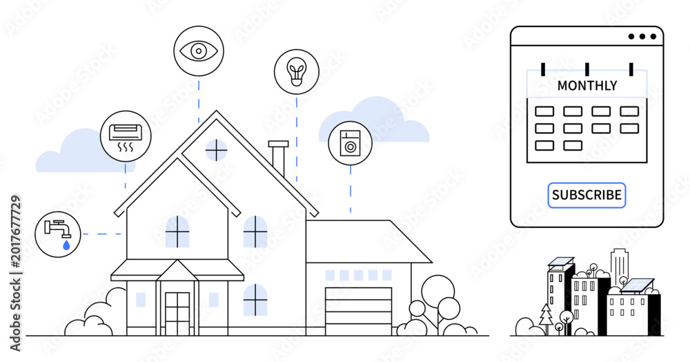 Fototapeta premium Smart homes, IoT, energy efficiency, subscription services, home security, technology interface. House with icons for smart devices. Smart homes and IoT home management concept