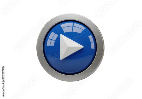 Glossy blue play button with metallic silver frame, 3D multimedia start icon, sleek glass video player control for web interface isolated PNG with Transparent Background