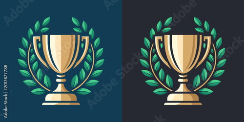 Foto Two identical golden trophies are depicted, each encircled by a green laurel wreath