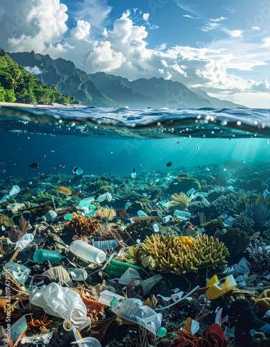 Ocean pollution, beautiful island contrast