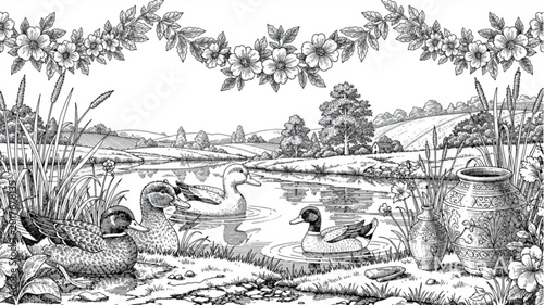 Foto Ducks swimming in a pond water.