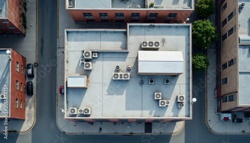 Aerial top down view of commercial building rooftop with multiple air conditioning units in urban area.