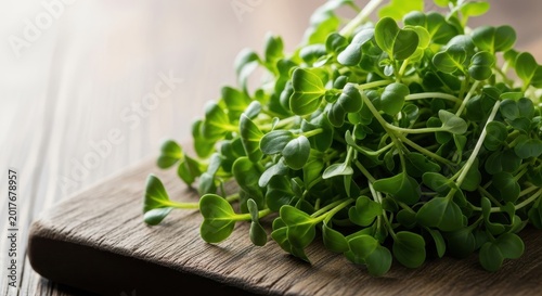 A vibrant close-up shot of freshly harvested watercress microgreens piled high on a rustic wooden cutting board, emphasizing freshness and healthy eating, close-up, cress, green
