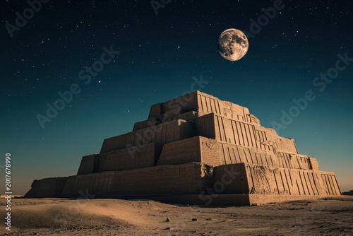 Ziggurat of Ur Under Nanna Moon God Full Moonlight Starry Desert Night