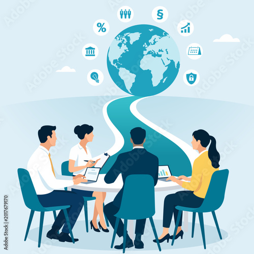 Global plan, goal and business strategy. The path to the international success. Vector illustration. 