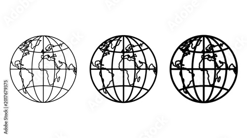 Globes world map set with black and white line art design featuring geography, continents, countries with educational and teaching elements for