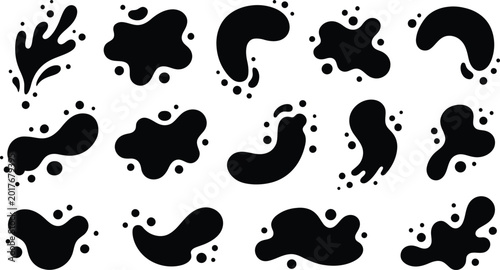 Bilde på lerret Black liquid splash silhouettes and organic abstract blot shapes featuring minimalist paint drips and ink spot elements for modern graphic design projects