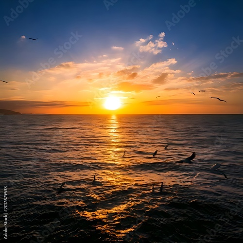 Ocean sunset with radiating sun and soaring birds