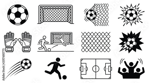 Photos Soccer football icon set vector with ball goal net gloves field and player symbo