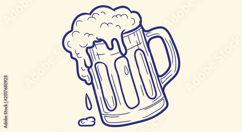 Canvas Print Hand-drawn beer mug with overflowing foam, doodle of a glass of beer isolated on