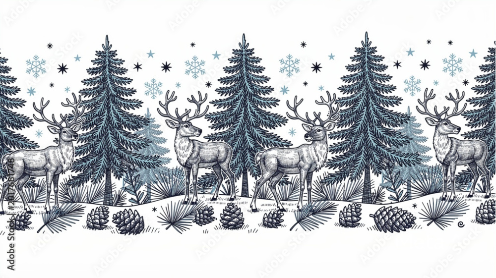 Fototapeta premium Deer standing in snowy forest landscape.