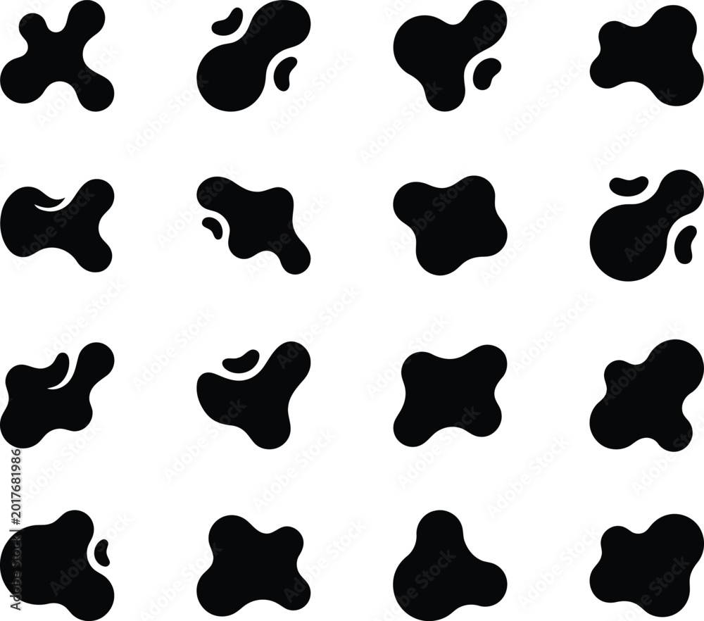 Fototapeta premium Vector set of black abstract fluid blob shapes features organic liquid silhouettes and irregular splats, isolated on a white background for modern minimal graphic design.