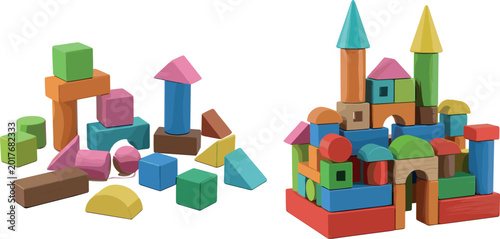 Fotografija Illustration Set of Colorful Wooden Building Blocks for Kids, Education, and Cre