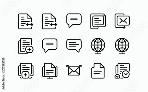 Fotografia linear communication and multilingual icons for global language support, text interpretation, online translator tools and cross cultural communication design