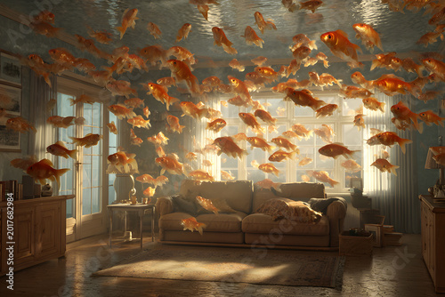 Goldfish swim in the air inside a living room with sunlight shining through windows during the daytime