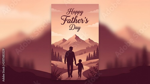 Happy fathers day illustration father and son walking in mountains silhouette
