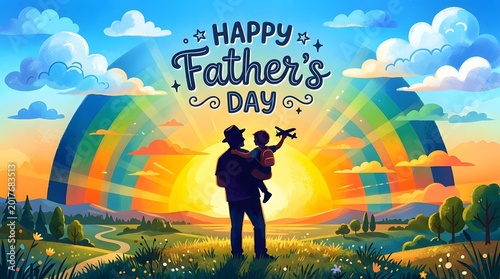 Happy fathers day illustration dad and child silhouette with rainbow background