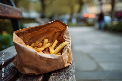 French fries in a brown paper bag placed on a wooden bench in a city park during the evening
