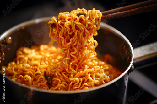 Cooking noodles in a pot with chopsticks over a stove during dinner time in a kitchen