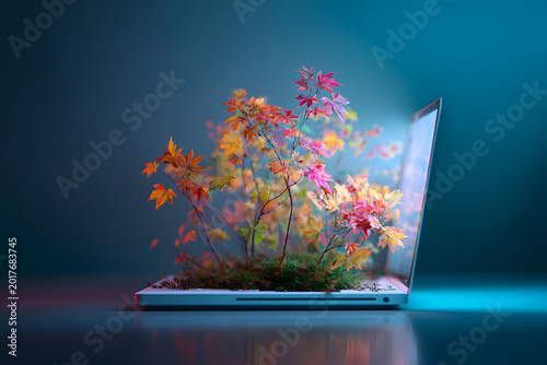 Laptop with colorful plants growing inside it on a blue background