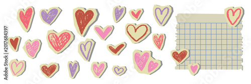 Set of drawn heart shapes in scrapbook collage style. Set of color scrap grunge pencil elements.