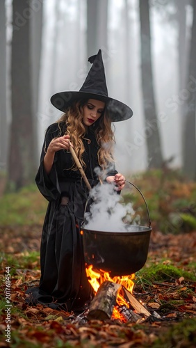 Mystic witch brews potion in a foggy forest