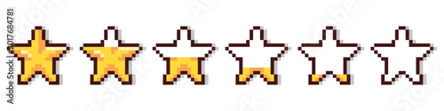 Pixel art star rating bar set. 8-bit game experience level indicators. Yellow star containers for video game interface, gaming rank icons collection. Vector pixelated UI elements isolated