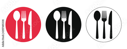 Foto Three stylized cutlery icons spoon fork and knife in red black and white circles