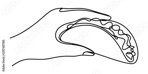 Continuous single line drawing of a hand holding a delicious taco