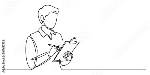 Businessman writing on a clipboard continuous line drawing
