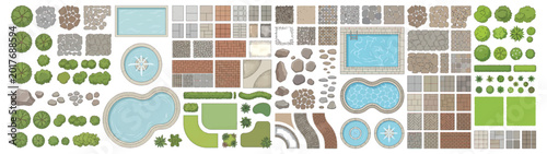 Landscape Plan Symbols And 2D Garden Elements Set With Trees Pools Paths Lawns And Paving