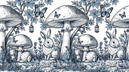 Vászonkép Bunnies under big mushrooms with butterflies.