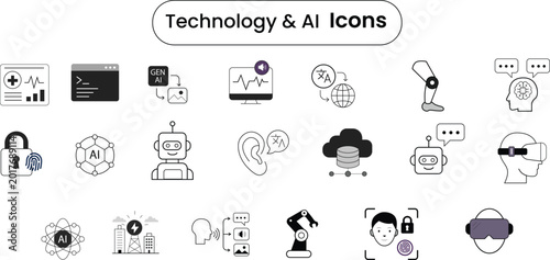 Futuristic AI Technology Icon Set – Modern Flat Outline Symbols