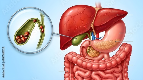 Human digestive system with magnified view of gallstones in gallbladder