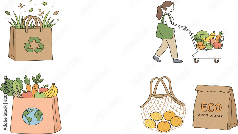 Fototapeta premium Sustainable Grocery Shopping Vector Set Featuring Woman With Cart Reusable Mesh Totes Paper Bags Filled With Organic Vegetables And Fruits For Zero Waste Lifestyle Themes