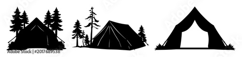 Forest camping tent set with solid black icon on white background featuring camping, tent, forest with minimalist and line art