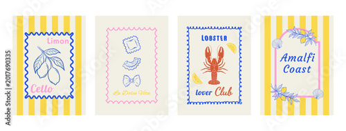 Amalfi coast posters set with yellow lemons lobster and italian pasta